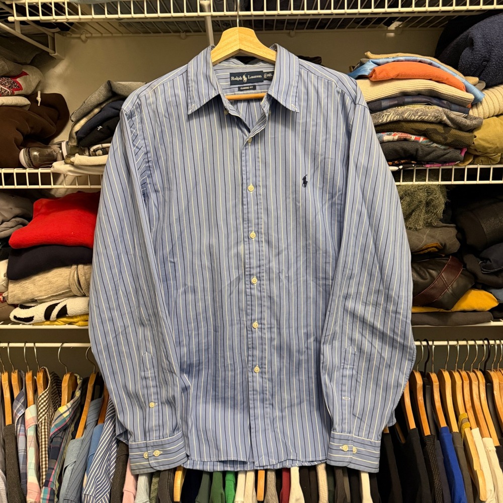 Ralph Lauren Button Down Men's 16 L Blue Striped Classic Fit Long‎ Sleeve Shirt